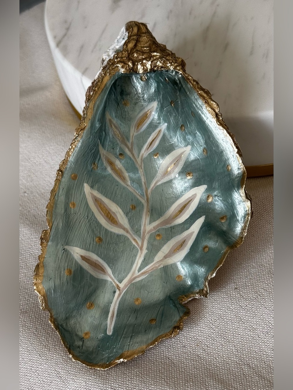 Hand-Painted Teal and Gold Decorative Oyster Shell Accent Dish - Home Accents
